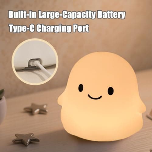 Ghost Night Light for Kids, Squishy Silicone Lamp - 50H Low/12H High, 2 Brightness, Tap-Control, USB Rechargeable, for Kids Halloween Decor & Nursery, Great Ghost Gifts