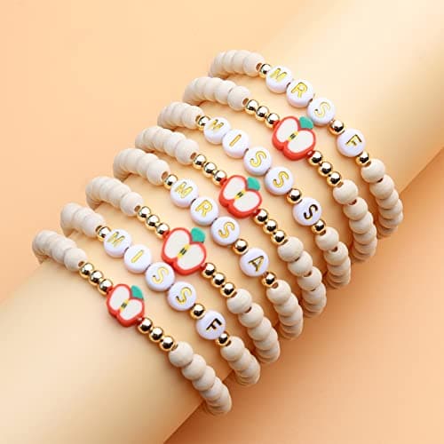 Personalized Teacher Bracelet for Women, 2 Pcs Initial Mrs Miss Ms Teacher Appreciation Gifts With Card From Student Friends, Thank You TEACH Gift for Women