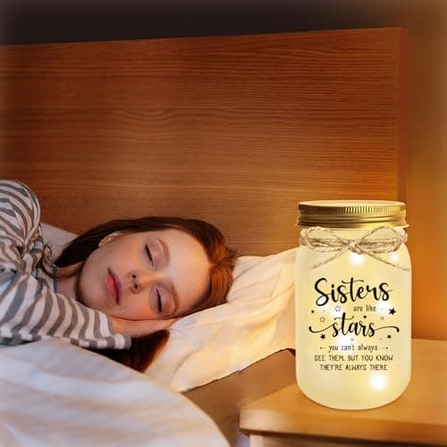 Mason Jar Night Light Gifts for Sister, Sister Birthday Gifts, Sisters Gift for Women, Soul Sister, Best Friend, Long Distance Night Light Gift for Mothers Day Christmas