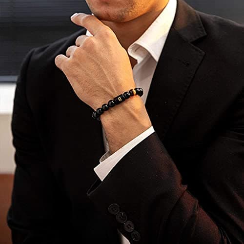 FRG Initials Bracelets for Men Letter Link Handmade Natural Black Onyx Tiger Eye Stone Beads Braided Rope Meaningful Bracelet
