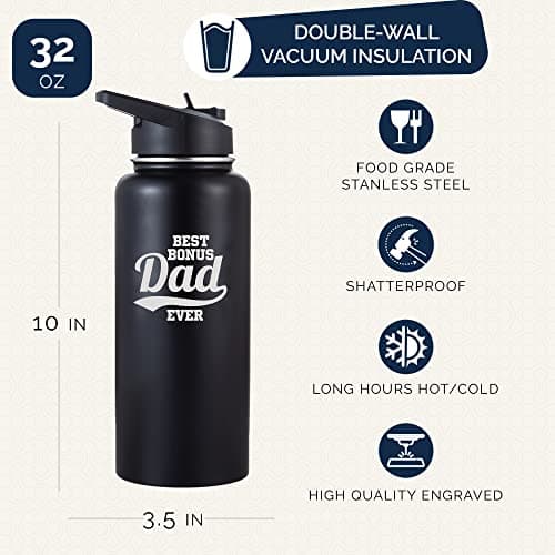 Best Bonus Dad Gifts From Daughter and Son, Tumbler 32 Oz Stainless Steel Insulated Water Bottle, Step Dad Gifts For Fathers Day and Birthday, Coffee Cup with Lid and Straw, Christmas Gift For Stepdad