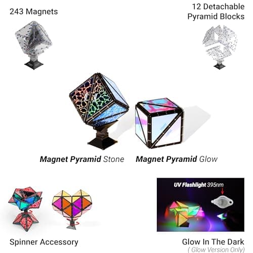 TOSY Magnet Pyramid Glow - 1 Cube Transforms into 1 Billion Shapes, 15 pcs (12 Puzzle pcs & 3 Accessories), 243 Magnets, Glowing, Christmas Stocking Stuffers Gift for Kids, Creative Puzzle STEM Toy