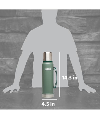 Stanley Heritage Classic Vacuum Bottle with Handle 1.1 qt | Wide Mouth w/Leakproof Cup Lid | Keep Drinks Hot or Cold | Insulated Stainless Steel Thermal Bottle | BPA-Free | Hammertone Green