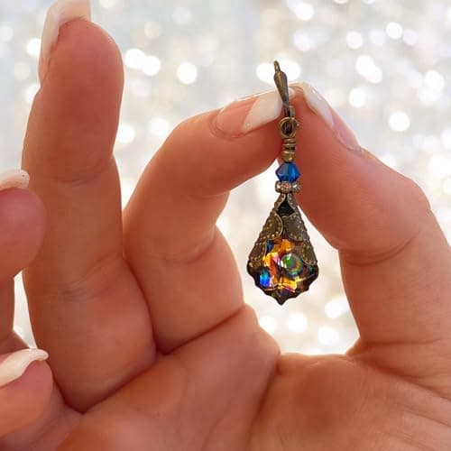 HisJewelsCreations Antique Inspired Vintage Victorian Dangle Drop Earrings for Women - Colored Austrian Crystal Leverback Earrings - Jewelry Gift for Her