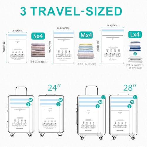Vacuum Storage Bags with 3000Pa Wireless Pump for Travel, 12 Pack Vacuum Seal Bags for Clothing Travel, Compression Vacuum Bags for Clothes,Luggage,Blankets(4 Large, 4 Medium, 4 Small)