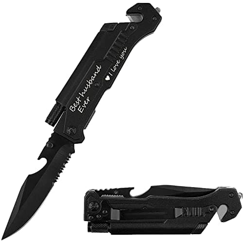 Engraved Pocket Knife, Best Husband Ever, Pocket Knife for Men with 6 Functions, LED Light, Fire Starter, Bottle Opener, Seat Belt Cutter, Glass Breaker, Birthday Anniversary Present for Men Husband