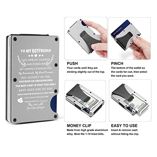 To My Boyfriend Gift | Men Minimalist Personalized Engraved Metal Wallet from Girlfriend | Custom Love Message Slim Aluminum Card Holder with Money Clip | Birthday Anniversary Christmas Valentines Day