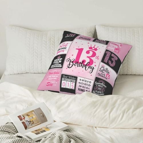13th Birthday Gifts for Girls, 13 Year Old Girl Birthday Gift Ideas, 13 Yr Old Girl Presents Decorations for Girls Throw Pillow Covers 18x18 Inch