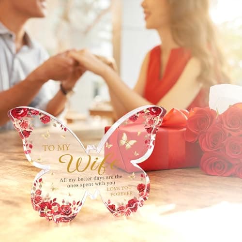 Romantic Wife Anniversary Birthday Gift Ideas, 5x3.8x0.5 Inch Butterfly Acrylic Plaque Decor, Mothers Day Valentines Christmas Wedding Present for Wife