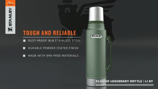 Stanley Heritage Classic Vacuum Bottle with Handle 1.1 qt | Wide Mouth w/Leakproof Cup Lid | Keep Drinks Hot or Cold | Insulated Stainless Steel Thermal Bottle | BPA-Free | Hammertone Green