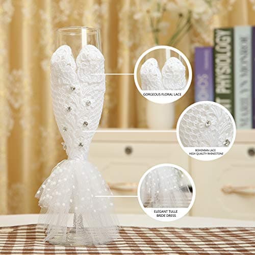 4 Piece Wedding Reception Supplies Wedding Toasting Flutes and Cake Server Set -2 Champagne Glasses, 1 Cutting Knife and 1 Pie Server, Bride and Groom Gifts Wedding Gifts (Gorgeous)