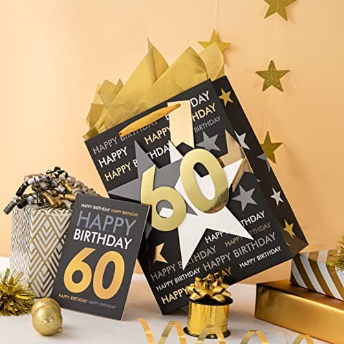 Loveinside Birthday Gift Bag with Tissue Paper and Greeting Card for 60 Birthday - 10" x 5" x 13", 1 Pcs, Black Gold