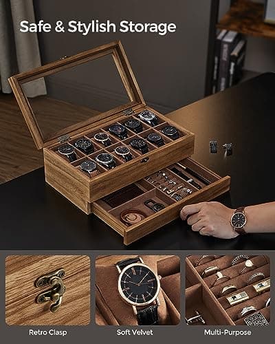 SONGMICS SONGMICS 12-Slot Watch Box, 2-Tier Watch Display Case with Large Glass Lid, Removable Watch Pillows, Velvet Lining, Jewelry Box, Gift Idea, Rustic Walnut UJOW012K01