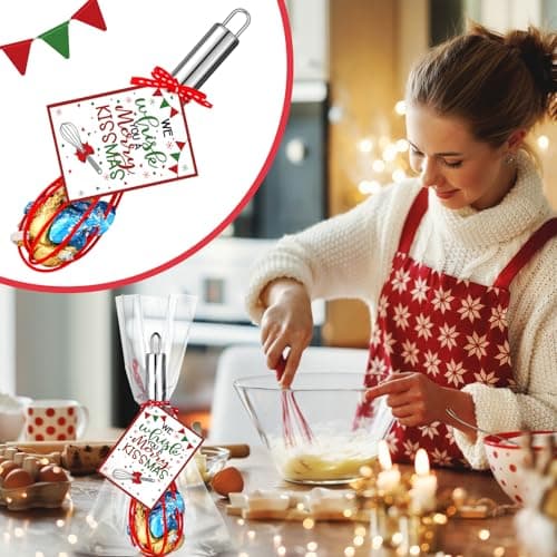 Nuogo 6 Sets Christmas Whisk Baking Supplies Gifts Christmas Neighbor Gifts Includes 8 Inch Stainless Steel Whisk,Greeting Cards,Ribbons,Plastic Bags for Home Cooking Supplies Xmas Stocking Stuffers