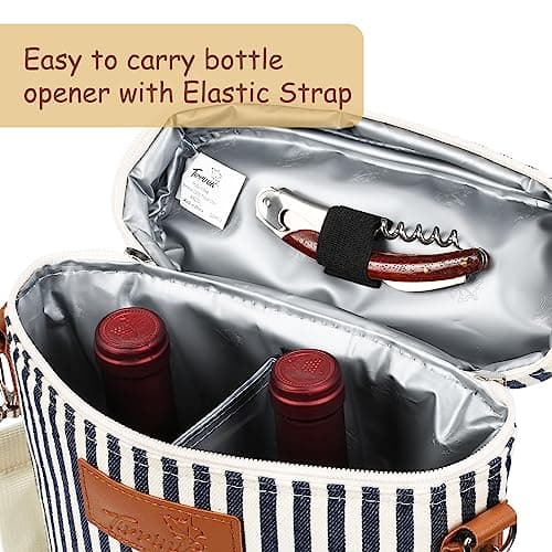 Tirrinia 2 Bottle Insulated Wine Tote Carrier - Leakproof, Padded Cooler Bag for Travel, BYOB, Tasting, Parties - Great Gift for Wine Lovers, Striped