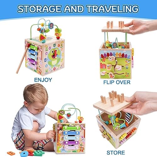 Wooden Activity Cube | Montessori Toys for 1 2 3 Year Old Toddlers | One Year Old 1st First Birthday Gift | Educational Toys for 12+ Months Baby Boys Girls | Bonus Sorting & Stacking Game (Pink)