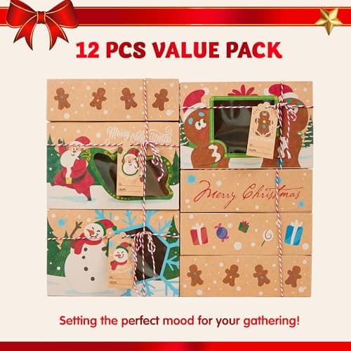 JOYIN 24 PCS Christmas Cookie Gift Baking Box 8.75" x 5.75" x 2.75” with Window Auto-Popup, Xmas Holiday Treat Boxes Containers with Tags for Party Favor Pastries, Cupcake, Brownies, Donut Gift-Giving
