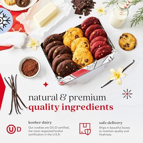 David's Cookies Happy Holidays Mini Cookies in Sweet Sampler Tin - Assorted Mini Christmas Cookies with Chocolate & White Chocolate Chip and Red Velvet - Gourmet Cookie Gift Basket for Christmas 14oz