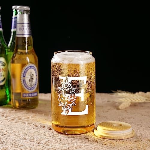 Coolife Initial Glass Cup, Monogrammed Gifts for Women, 16 oz Glass Cups w/Lids Straws, Iced Coffee Smoothie Beer Tumbler w/Straw Lid - Personalized Christmas, Birthday Gifts for Her Mom Friend Woman