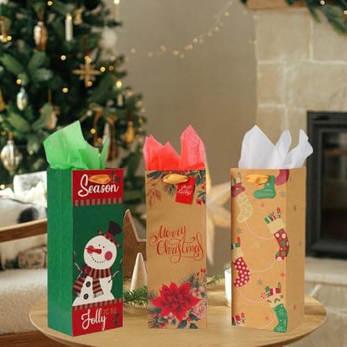 Nihuecne 16 Pack Christmas Wine Bags with Tags & Tissue Paper for Xmas Holiday Gift Wrap,8 Designs (5 x 13 x 4 In)