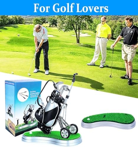 Golf Pen Holder with 3 Club Pens and Movable Golf Cart, Mini Golf Bag Desk Decor for Office, Funny Golf Gifts for Men, Dad, Boss - Stocking Stuffers for Golfers on Birthday, Christmas, Fathers Day