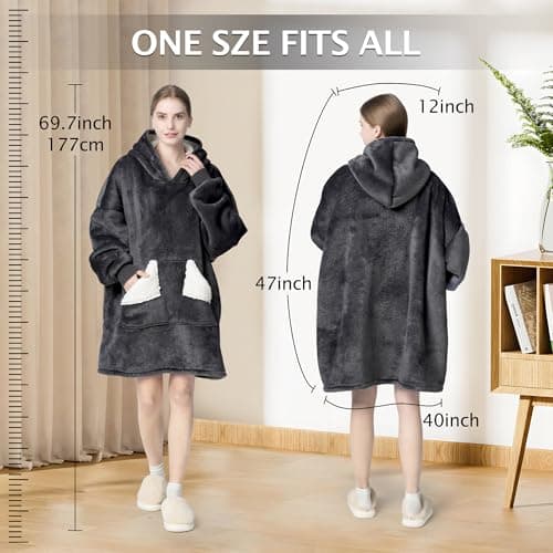 Touchat Wearable Blanket Hoodie, Oversized Sherpa Fleece Sweatshirt Blanket with Giant Hood Pocket and Sleeves for Adult, Warm & Cozy Grey Blanket Gifts for Women