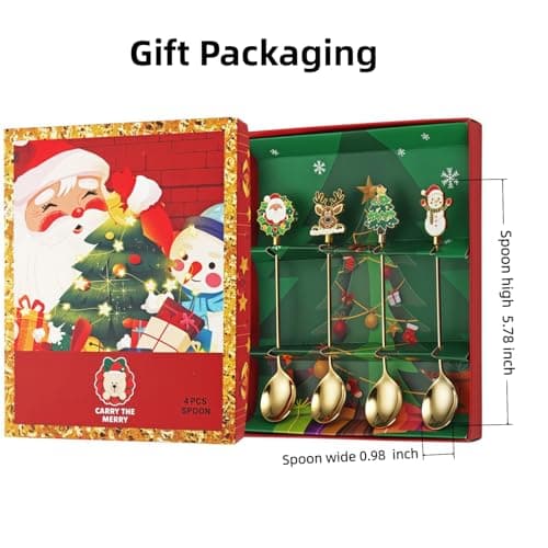 Christmas Teaspoon Gift Set of 4 |Premium 5.6 Inch Stainless Steel Small Spoon | Coffee Spoons for Dessert & Tea | Christmas Decorations Indoor & Kitchen Decor | Hostess Gifts