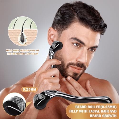 Beard Growth Kit, Grooming Set w/Growth Oil, Conditioner, Balm, Shampoo Wash, 0.25MM Roller, Brush, Comb, Scissor, Bag, Christmas Birthday Valentines Day Gifts for Him Men
