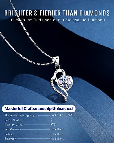 Wedding Anniversary Jewelry Gift for Wife from Husband, Wife Birthday Gift Idea, 1 Carat Moissanite Diamond Pendant Necklace in 925 Sterling Silver with 2 Chains, Romantic and Elegant Present for Her