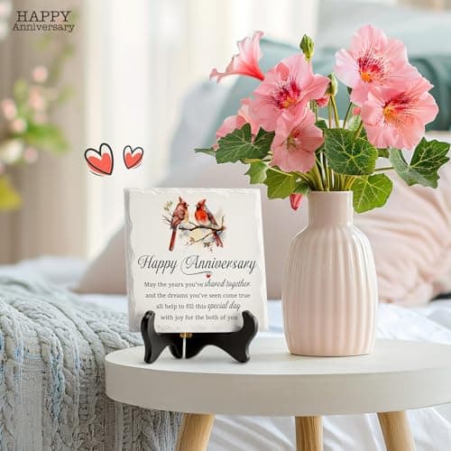LukieJac Anniversary Couples Gifts - Cardinal Ceramic Plaque - Happy Anniversary Presents for Couples - Romantic Wedding Celebrate Keepsake Desk Decorations Christmas Gift