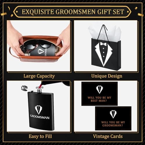60Pcs Groomsmen Gifts Set of 6, Groomsmen Proposal Box with Flasks Sunglasses PU Leather Toiletry Bag Bottle Opener for Wedding Groomsman Best Man Gift