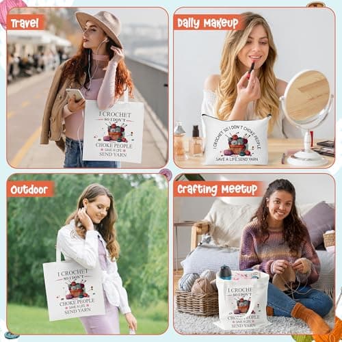 Y1tvei Crochet Canvas Tote Bag - 2Pcs Cosmetic Pouch Tote Bag Reusable Grocery Folding Shopping Bag for Crocheters Women