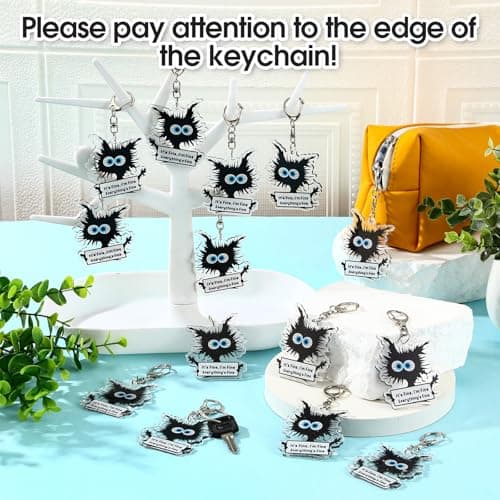 Funny Black Cat Keychains It's Fine Everything's Fine Appreciation Gifts for Cat Lovers Women Coworkers Employees