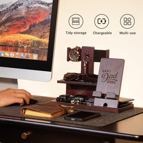 ProCase Gifts for Dad, Wood Phone Docking Station for Men, Dad Gifts From Daughter Son, Mens Nightstand Organizer, Anniversary Birthday Gifts for Dad Father Husband Him -Espresso (Engraved Word)