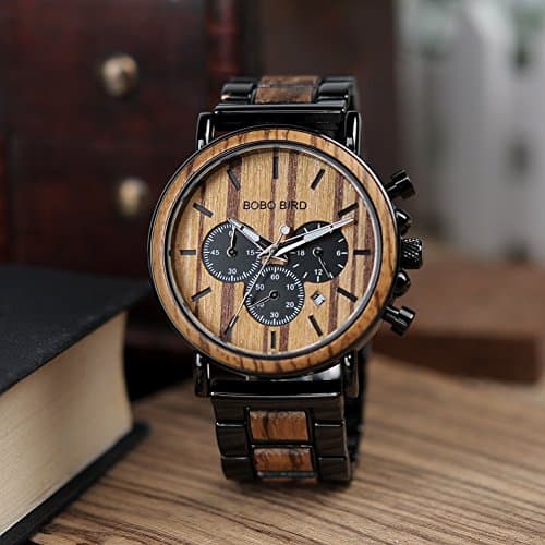 BOBO BIRD Mens Personalized Engraved Wooden Watches, Stylish Wood & Stainless Steel Combined Quartz Casual Wristwatches for Men Family Friends Customized Watch