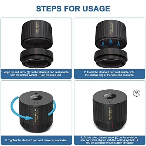 Electric Mason Cordless Vacuum Sealer Kit for Wide-Mouth & Regular-Mouth Mason Jars, for Food Storage and Fermentation, Black