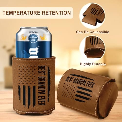 Best Grandpa Ever Gifts - Christmas, Birthday Gift For Grandpa From Granddaughter, Grandson, Kids - 12Oz Fit Collapsible Leather Beer Can Cooler Holder