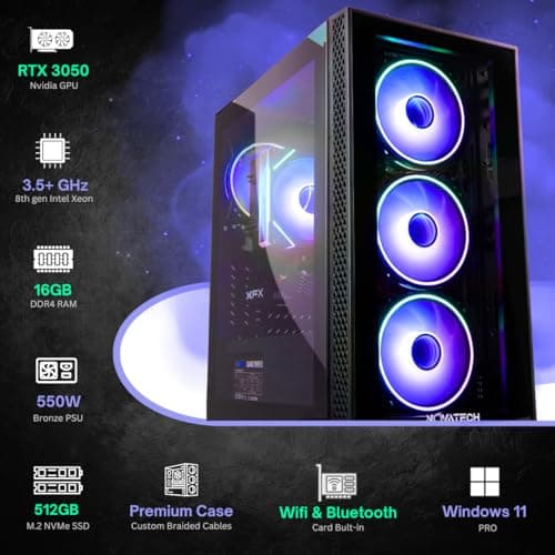 NOVATECH Phantom - Prebuilt Gaming PC Desktop Computer - RTX 3050 - Intel i7 Xeon 3.5GHz - 16GB RAM - 512GB M.2 SSD WiFi/BT, Win 11 Pro - Gaming Computer Tower, Pre Built PC Gaming - 1 Year Warranty