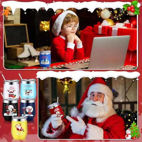 Layhit 7 Set Christmas Gifts Wine Tumbler with Lid Straw and Brush 12oz Insulated Stainless Steel Wine Cup Holiday Thank You Gift for Employee Coworker Operation Christmas(Classic Style)