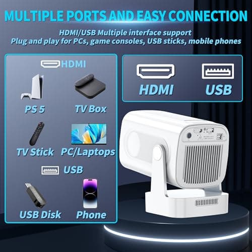 【Built-in Apps】Mini Projector 1080P with WiFi 6 and Bluetooth 5.4, 4K Full HD Projector Features Auto Focus & Keystone, Portable Projector Support 270° Rotatable, Compatible with Phone/HDMI/USB-White