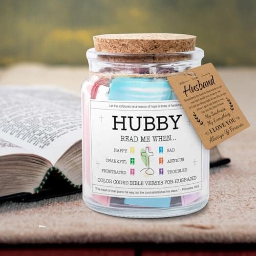 NewEleven Gifts For Husband - Husband Birthday Gift, Christian Gift For Him, Husbands - Anniversary Present For Him Hubby From Wife, Her - Decorative Glass Scripture Jar With 92 Bible Verse