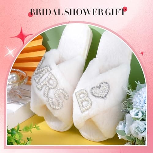 Tarpop Bride Slippers Mrs Slipper for Wedding with Personalized Initial Pearl Design Bridal Gifts