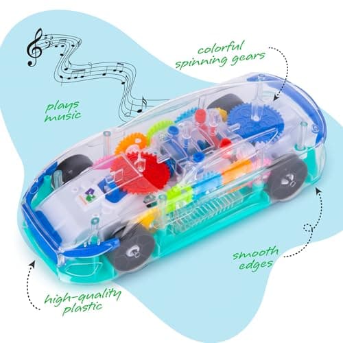 ArtCreativity Light Up Transparent Sensory Car Toy for Kids, 1PC, Bump and Go Toy Car with Colorful Moving Gears, Music, and LED Effects, Easter Toys for Toddlers, Great Birthday Gift Idea