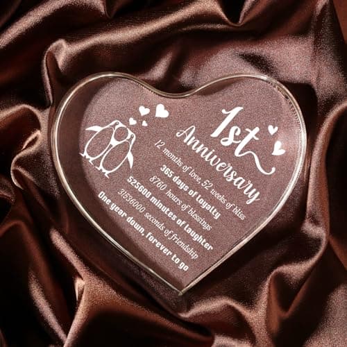 1 Year Anniversary Wedding Gifts for Boyfriend Girlfriend, One Year 1st Anniversary Romantic Gifts for Him Her, Heart Shaped Acrylic Block for Couple Husband Wife, Penguin Keepsake
