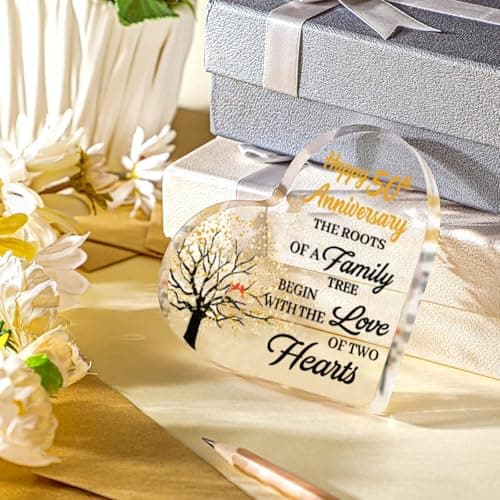 50th Anniversary Wedding Gifts for Couple Parents, Acrylic Heart Cake Topper Decorations, 50 Year Anniversary Presents Gifts Idea for Her Him