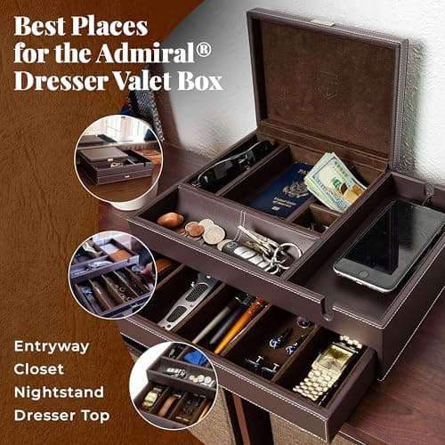 Mens Watch Box Leather Valet Tray - Bedside Table Organizer, Men's Jewelry Box, Watch Case for Men with Large Smartphone Charging Station - Jewelry Box for Men with Valet Box and Nightstand Organizer