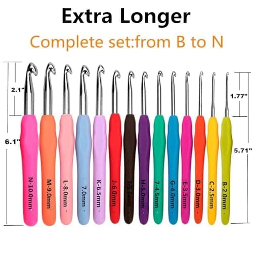 Yarniss Crochet Hooks,14 Size Crochet Set 2mm(B)-10mm(N), Ergonomic Crochet Hooks Set with Case for Beginner,Long Crochet Needles