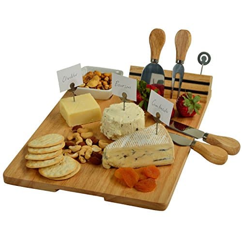 Picnic at Ascot Personalized Monogrammed Laser Engraved Hardwood Board for Cheese & Appetizers - Includes 4 Cheese Knives, Cheese Markers & Ceramic Dish - Designed in California