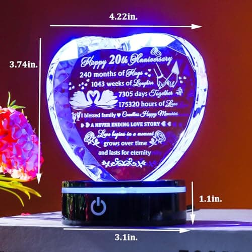 YWHL 20th Anniversary Crystal Heart Gifts for Wife Husband, Laser Engraved Romantic 20 Year Wedding Anniversary Crystal Keepsake Gifts for Her Him, 20 Years of Marriage Gift for Couples Friends