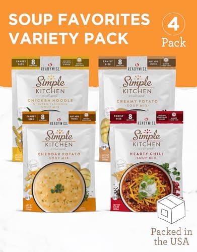 READYWISE - Simple Kitchen, Soup Favorites, Variety Pack, 8 Servings Per Pouch, Soup Mix, Family Size, MRE, Freeze Dried Food, Ready To Eat Meals, Hiking & Backpacking Food, Soup for Family, Pack of 4